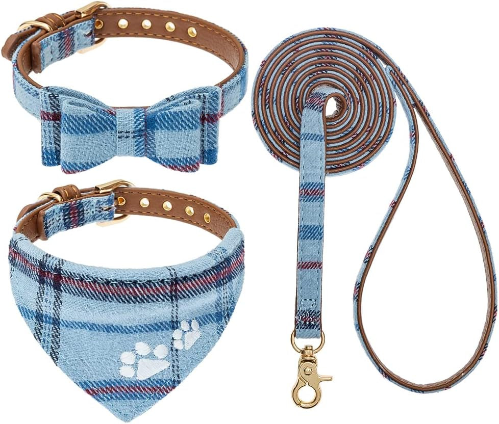 expawlorer-puppy-collar-and-leash-set-embroidery-pawprints-plaid-dog-collar-and-dog-leash-set-bow-tie-and-bandana-dog-collar-with-bell-cute-collar-and-leash-for-dogs-cats-outdoor-walking-blue-s