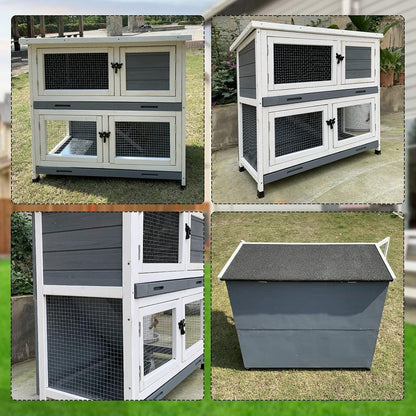 2 Story Solid Wood Rabbit/Bunny Hutch with 2 Large Main Rooms, Indoor Outdoor Rabbit House Guinea Pig Cage Pet House for Small Animals with Ventilation Door Removable Tray Waterproof Roof (Grey)9