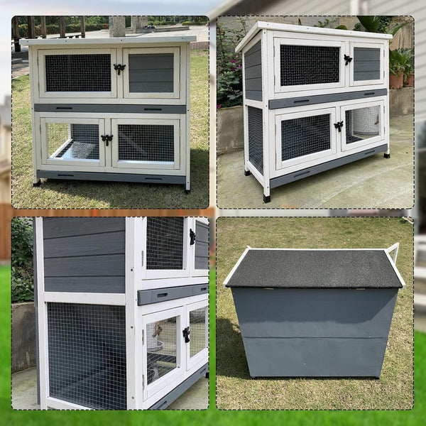 2 Story Solid Wood Rabbit/Bunny Hutch with 2 Large Main Rooms, Indoor Outdoor Rabbit House Guinea Pig Cage Pet House for Small Animals with Ventilation Door Removable Tray Waterproof Roof (Grey)9