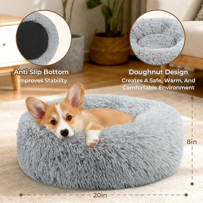 Calming Donut Dog and Cat Bed for Indoor Cats, Anti-Anxiety round Fluffy Soft Washable Small Pet Bed for Puppy and Kitten, Warming Comfortable Luxury Anti-Slip Waterproof Mute Base 20In Gray3