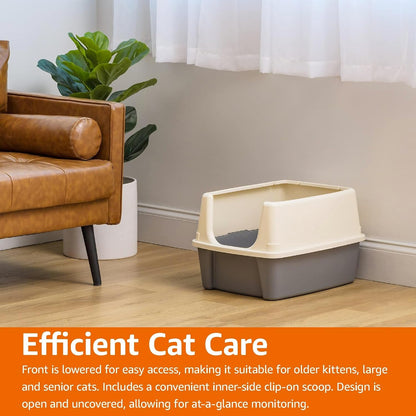 Amazon Basics Large Cat Litter Box with High Sides, Open Top for Easy Access, Includes Scoop with Storage, 19" X 15" X 11.75", Grey/Beige9