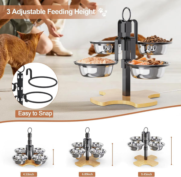 Elevated Cat Bowls 3 Adjustable Height 4 Stainless Steel Cats&Dogs | Pet Elevated Raised Cat Food and Water Bowls 3 Adjustable Heights 4 Stainless Steel Bowls for Indoor Cats Small Dogs3