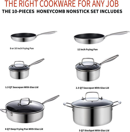 Frying Pan Set Nonstick | 10-Piece Stainless Steel Cookware Set | Professional Non-Toxic | Pfoa-Free Pans for Everyday Cooking | Detachable Handle | Induction & Oven Safe ﻿ ﻿2
