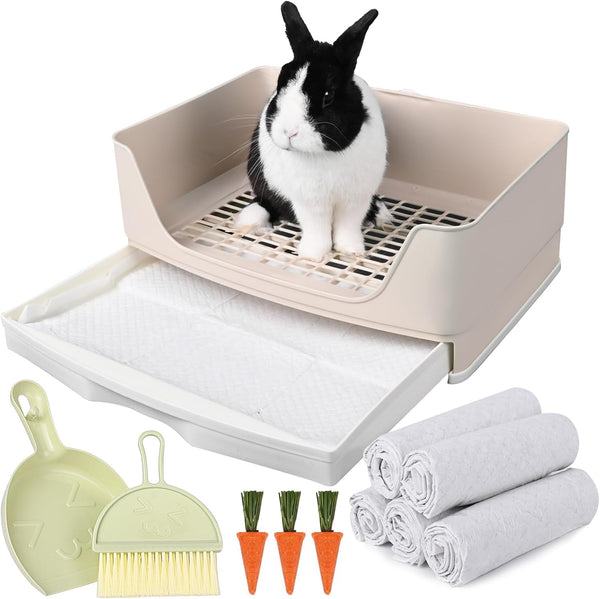 Large Rabbit Litter Box Bunny Potty Training Corner Litter Pan with Drawer Comes with Liners Rabbit Pee Pads, Small Animal Bedding Toilet for Adult Guinea Pig, Ferret, Hamster, Bunnies1
