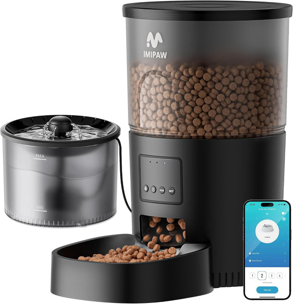 IMIPAW Automatic Cat Feeder and Water Fountain, Timed Dry Food Dispenser, Programmable Portion Control, 1-6 Meals per Day, Desiccant Bag, Cat Fountains for Drinking with Filter, Small Pets (3L Combo)10