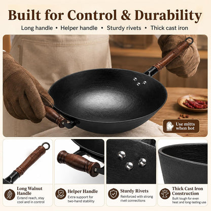 12.6 Inch round Bottom Cast Iron Wok with Glass Lid, Chinese Stir Fry Pan for Gas Stove & Open Flame, Uncoated Clay-Mold Texture, Wok Ring Required, Seasoning Needed7