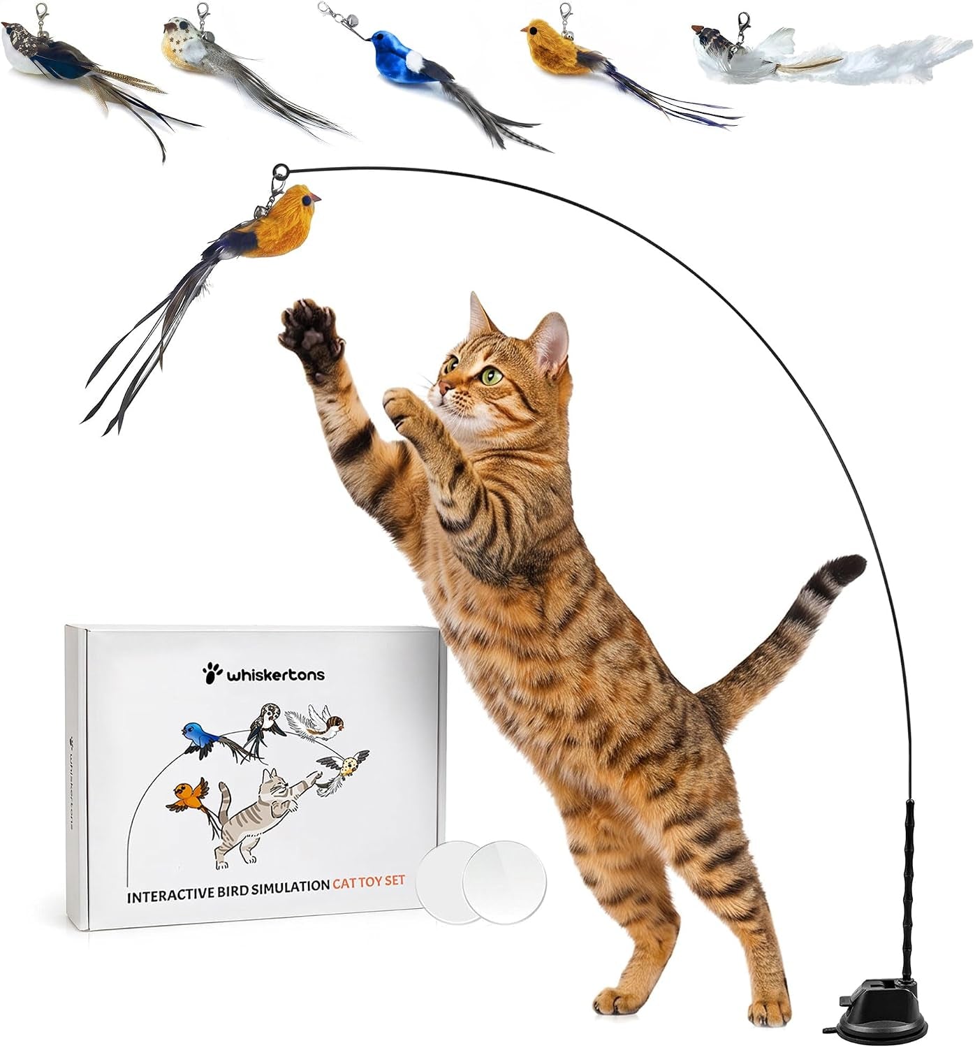 whiskertons-interactive-bird-simulation-cat-toy-set-interactive-cat-toys-for-indoor-cats-cat-feather-toy-self-holding-suction-base-5-replacement-birds-feathers-bells-realistic-bird-impression