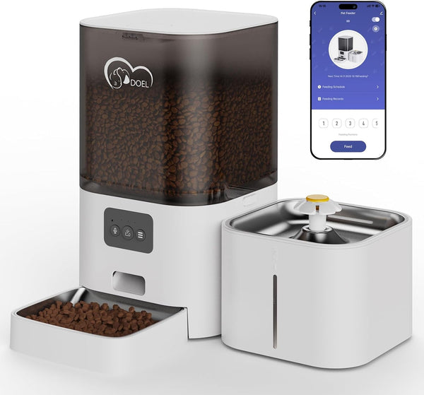 DOEL 5G&2.4G Wifi Automatic Cat Feeder and Water Fountain, 6L/24 Cups Timed Dry Food Dispenser for 2.5 Weeks, with APP Remote Control, Voice, for Small Medium Dog Puppy Kitten (White)1