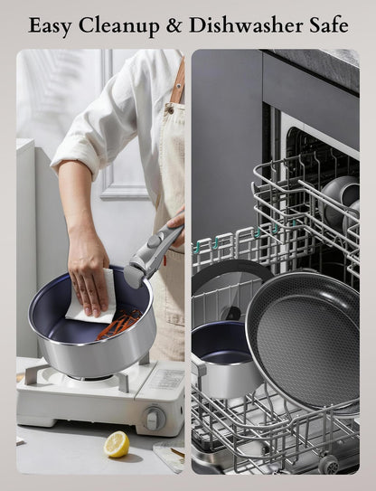 Ceramic Pots and Pans Set Non Stick, 2026 Upgraded Hybrid Frypan, 1.5&2 QT Saucepans with Lid, Oil-Less Cooking, PFAS Free Non Toxic, Induction Ready,Oven&Dishwasher Safe,Removable Handle,12Pc10
