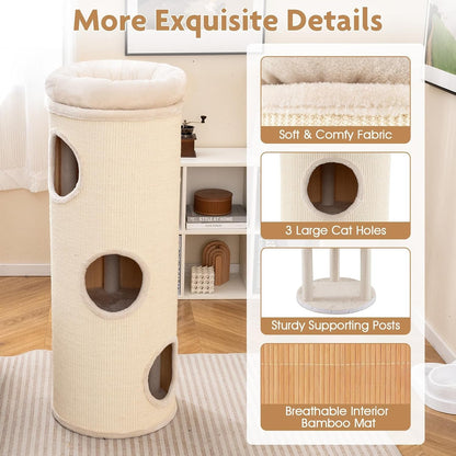 Tangkula 4 Story Cat Tree Condo, 49” Barrel-Shaped Cat House with Detachable Sisal Scratching Board, 3 Hideaways & Removable Soft Top Plush Bed, Interior Bamboo Mat, Modern Cat Tower for Indoor Cats5