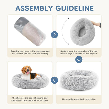DUMOS 30.7 Inch Donut Dog Bed, Faux Fur Plush, Grey | Machine Washable Cuddler Warming Cozy Fluffy Faux Fur Plush round Pet Bed, Anti-Slip Bed for Indoor Dogs and Cats8