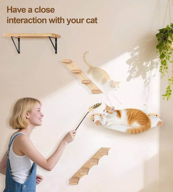 Cat Wall Hammock, Dual-Sided Cat Wall Bed with Canvas & Plush Fabric for All Seasons, Wall Mounted Shelf for Large Cats, Modern Perches for Lounging & Napping6