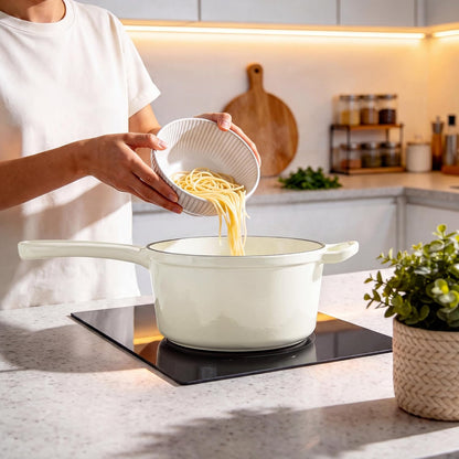 2Qt Enameled Cast Iron Sauce Pan,  Dutch Oven Pot with Lid, Non Stick Cooking Simmer Pots Induction Kitchen Cookware for All Cooktops Baking Bread, Soup, Ramen - up to 500°F, Cream White6