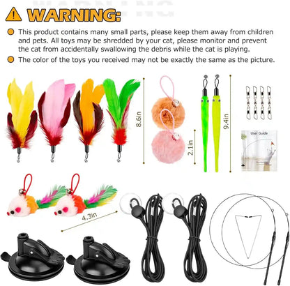 Cat Toys, 2 Pack 3 in 1 Interactive Cat Toy for Indoor Cats with Sticky Super Suction Cup Detachable 10 Pcs Replacements Feathers Balls Mice 2 Wand Hanging Door Kitten Toys6