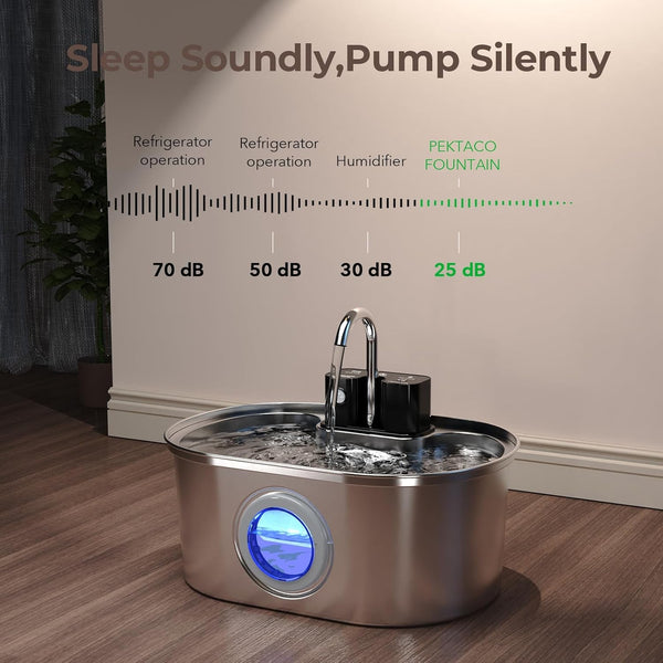 PEKTACO Wireless Cat Water Fountain, 108Oz/3.2L Stainless Steel, 3 Filters | 3 Smart Modes, 25 Db Quiet Pump, Multi-Layer Filtration, Bpa-Free Parts, Dishwasher-Safe Bowl, Easy-Clean for Daily Use2