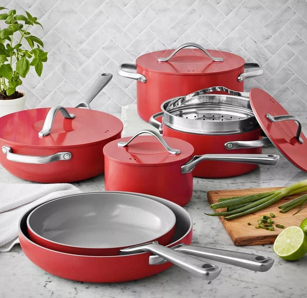 Member Mark 11 Piece Modern Ceramic Cookware Set with Smart Kitchen Tools Set (Assorted Colors) (Red)2