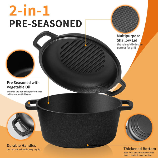 Pre-Seasoned Cast Iron Dutch Oven for Bread Baking - Incl. Sourdough Bread-Baking Supplies like Proofing Basket, 2-In-1 Dutch Oven Pot with Skillet Lid and Dual Handles, Sour Dough Tools, Lame, 5QT3