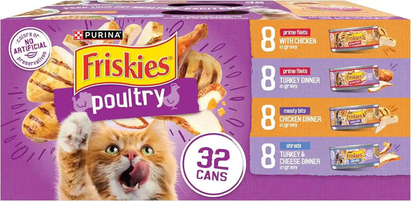 Purina Friskies Gravy Wet Cat Food Variety Pack, Poultry Shreds, Meaty Bits and Prime Filets - (Pack of 32) 5.5 Oz. Cans1