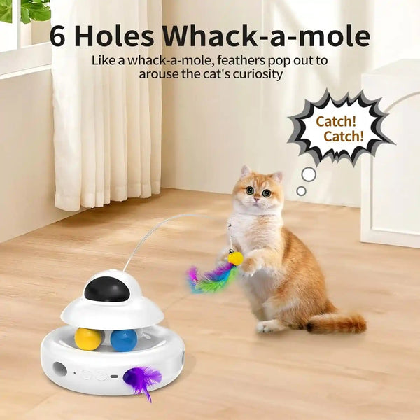 MOHAYA Cat Toys，4-In-1 Interactive Cat Toy for Indoor Cats with Laser, Fluttering Butterfly, Moving Feather and Track Balls - USB Rechargeable Self-Play Kitten Toy (White)4