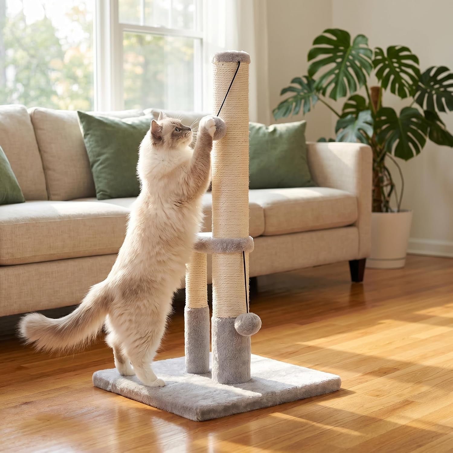 dimaka-tall-cat-scratching-post-double-lower-posts-extra-stable-cat-post-tree-scratcher-with-sisal-rope-and-teasing-4-balls-total-large-base-grey