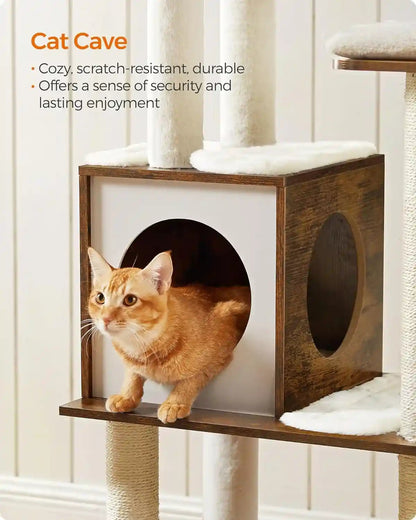 Feandrea Cat Tree, 64.6-Inch Modern Cat Tower, Multi-Level Condo with 5 Scratching Posts, Perch, Washable Removable Cushions, Cave, Rustic Brown UPCT166X017