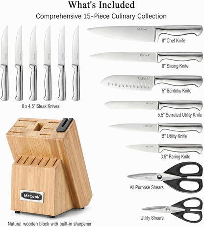 Knife Set Kitchen Steel Knife Block Set W Built-In Sharpener | German Forged Stainless Steel,15 Pc,Razor Sharp,Non-Stick&Anti-Rust,Ergonomic Handle,Full Tang,Gift Box2