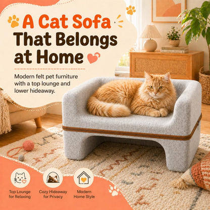 Large Cat Bed for Indoor Cats, 2-Tier Cat Cave Bed with Top Lounge & Lower Hideaway, Washable PET Felt Cat Sofa for Living Room, Bedroom, Apartment, Scratch-Friendly Cat Furniture, Light Gray2