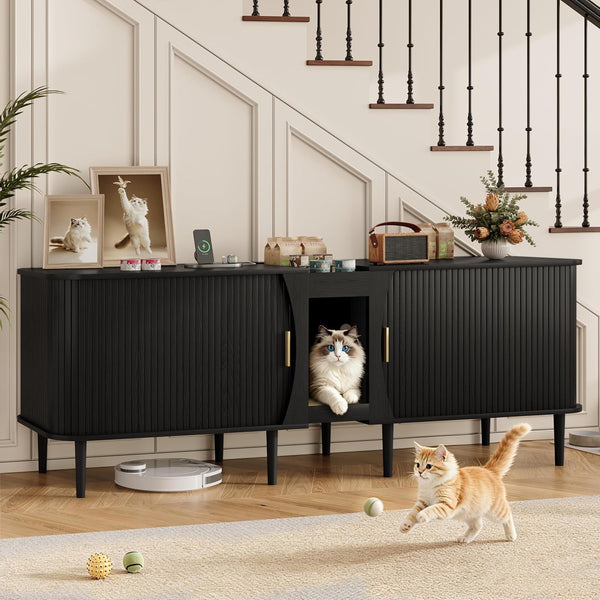 71" Double Cat Litter Box Enclosure Furniture for 2 Cats,Fluted Large Litter Box Hidden Furniture with Sliding Door and Scratching Pad,Indoor Pet House Modern Cabinet TV Stand for Living Room10