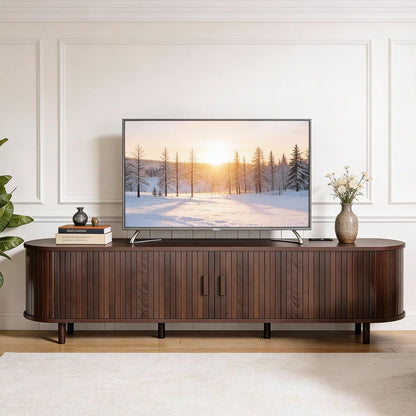 70" Mid Century Modern TV Stand, Wood TV Consoles with Sliding Doors and Power Outlet, Entertainment Center with Adjustable Shelves, Fluted TV Stands for Living Room, Walnut3
