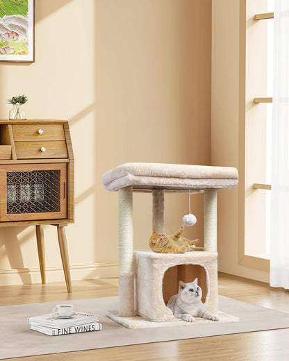 SYANDLVY 27" Cat Tree for Indoor Cats, Activity Tower with Scratching Posts | Modern Kitten Condo with Plush Perch & Hanging Ball for Play, Beige2