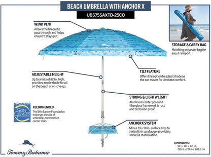 T0MMY BAHAMA 8 Ft Beach Umbrella with Wind Vent and Sand Anchor7