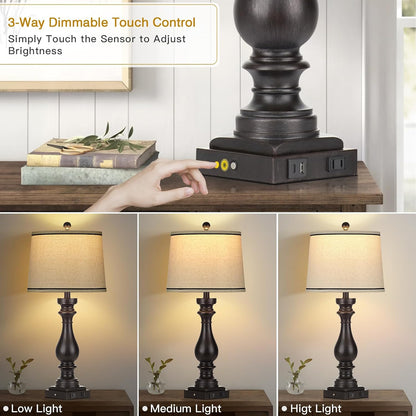 Table Lamps for Living Room,Vintage Bedside Nightstand Bedroom Lamp,Single | USB C+A Ports & AC Outlet,3-Way Dimmable Touch Control,Black,Farmhouse,Retro,29" Tall2