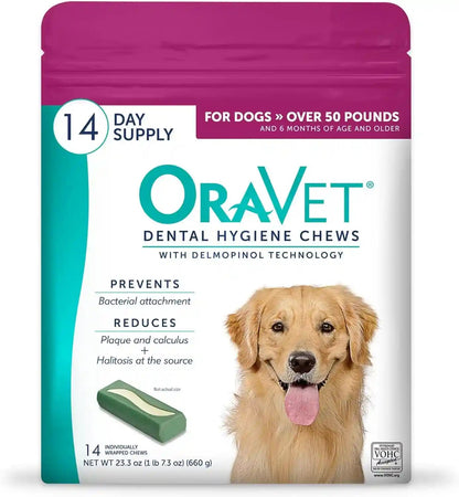 ORAVET Dental Chews for Dogs, Oral Care and Hygiene Chews (Large Dogs, over 50 Lbs.) Pink Pouch, 30 Count (Pack of 1) | Vohc-Accepted Dual-Action Chew Reduces Plaque & Tartar, Freshens Breath Barrier Vet-Recommended Pink Pack10