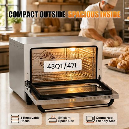 Commercial Countertop Convection Oven 43QT & 47L 110V-120V | 360° Hot-Air Circulation for Even Heating, Precise Thermostat, 120-Min Auto-Shutoff Timer, Double-Layer Glass Door, 4 Racks2