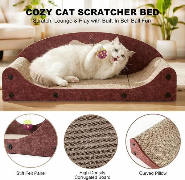 26" Cat Scratcher Bed, Large Scratcher Couch for Indoor Cats, Cardboard Scratcher Sofa, Durable Scratch Pad with Ball, Furniture Protector (Brown, Large)4