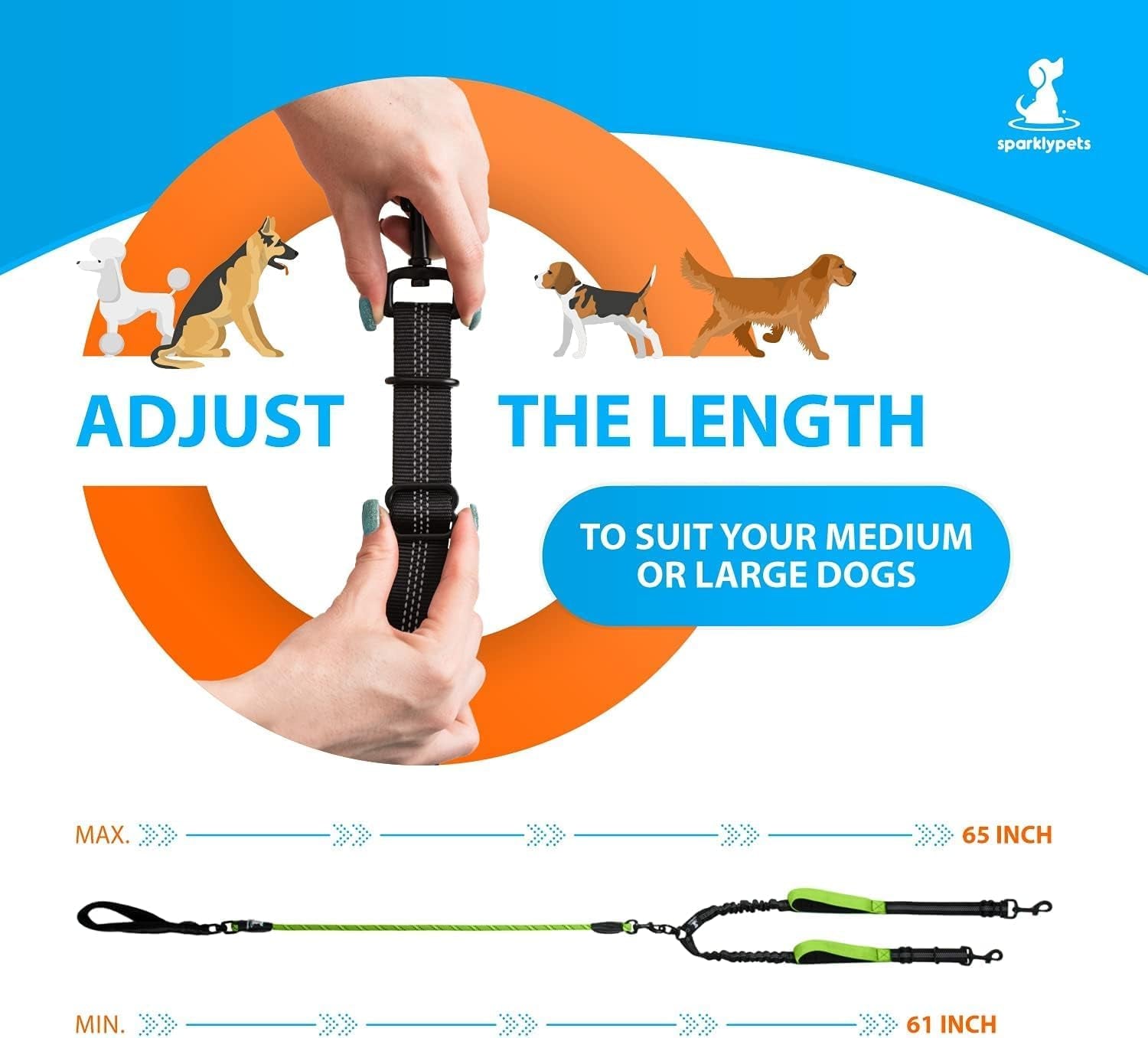 sparklypets-double-dog-leash-for-2-dogs-rope-bungee-dual-leash-for-medium-and-large-breeds-with-padded-handles-tangle-free-teal-medium-large