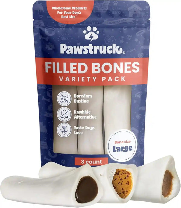 Pawstruck Large 5-6” Filled Dog Bones Variety Pack - Peanut Butter, Cheese & Bacon, Beef Flavors - Made in USA, Long Lasting Stuffed Femur Treat for Aggressive Chewers - Pack of 3, Packaging May Vary1