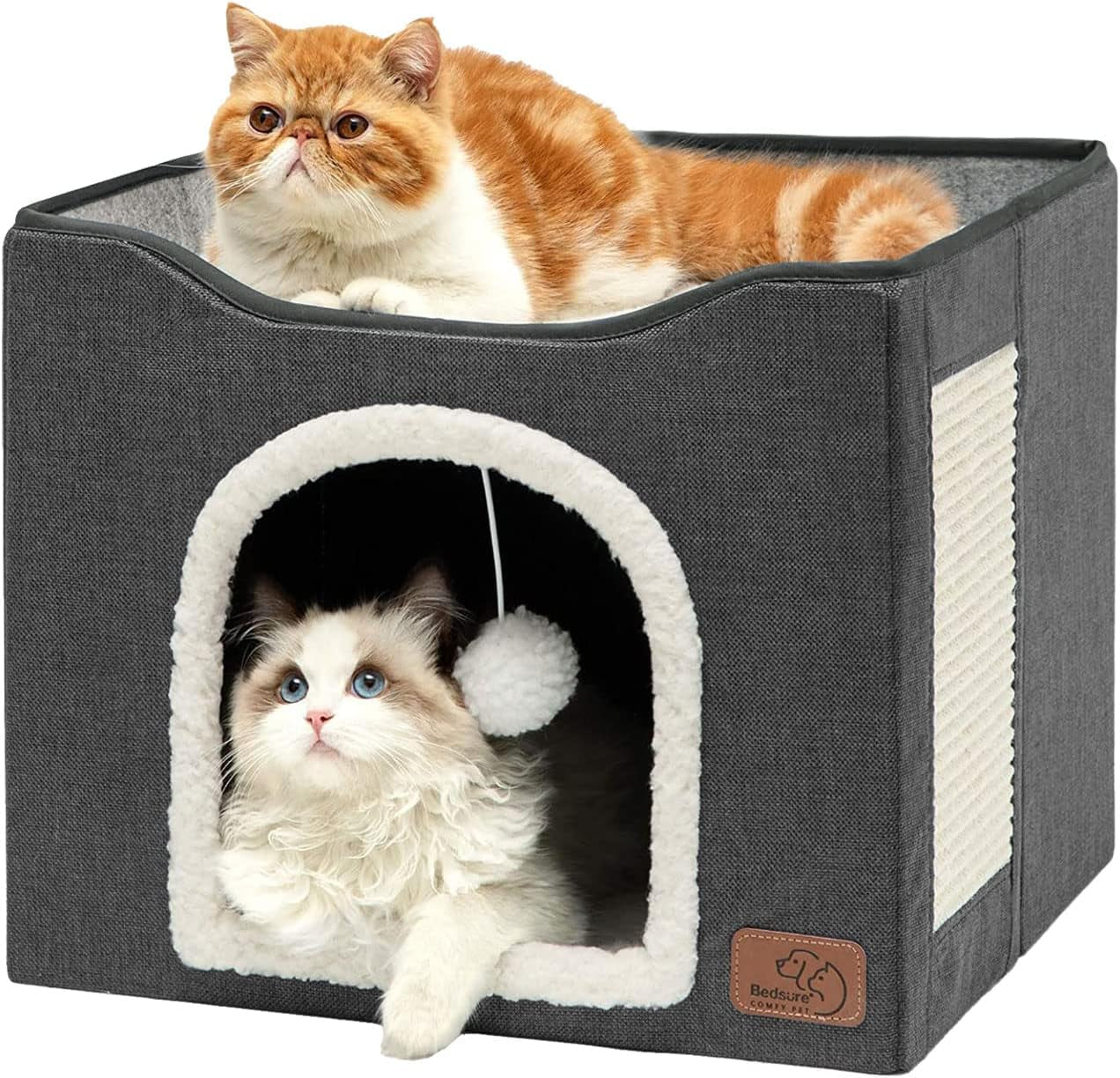 bedsure-cat-house-bed-for-indoor-cats-with-fluffy-ball-and-scratch-pad-grey-16-5x16-5x13-in-large-cat-cave-for-multiple-pets-foldable-cat-hideway-cube-for-sleeping-kitten