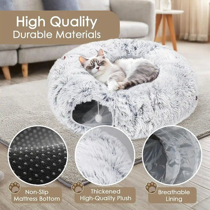 Baseola Fuzzy Cat Tunnel Bed for Indoor Cats, 2-In-1 Interactive Cat Toys | Peekaboo Cat Cave with Washable Mat, Collapsible Cat Play Tunnel for Kittens & Small Pets, Plush Cat Donut Bed Tunnel, Grey7