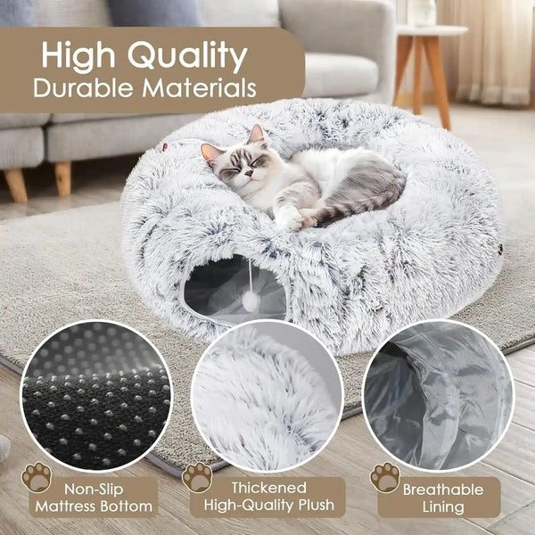 Baseola Fuzzy Cat Tunnel Bed for Indoor Cats, 2-In-1 Interactive Cat Toys | Peekaboo Cat Cave with Washable Mat, Collapsible Cat Play Tunnel for Kittens & Small Pets, Plush Cat Donut Bed Tunnel, Grey7