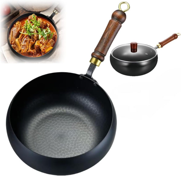 Suntuup Japanese Iron Pan, Non-Stick Iron Pan，Hand-Forged Flat Bottom Small Wok, Rust-Free for Cooker Gas Stir Fry Pans round Bottom with Lid (9.4In Hammer Pattern+Glass Lid)1
