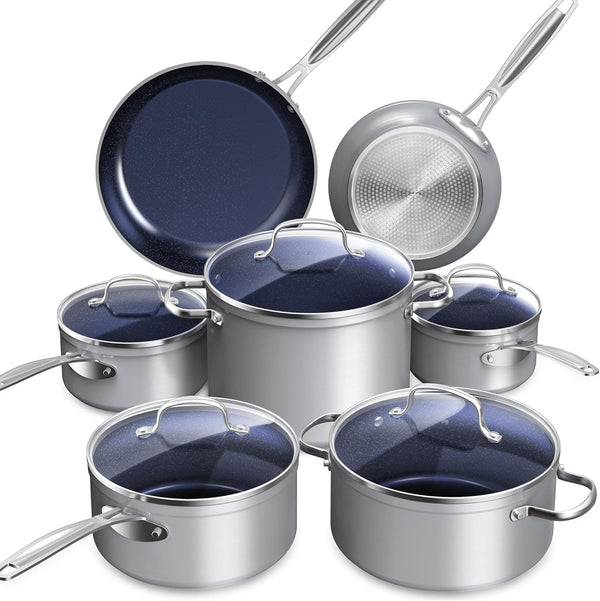 Healthy Duralon Blue Ceramic Nonstick Cookware Set, PFAS Free | Scratch-Resistant, Dishwasher & Oven Safe, Induction Ready & Evenly Heats, Tempered Glass Lids & Stay-Cool Handles1