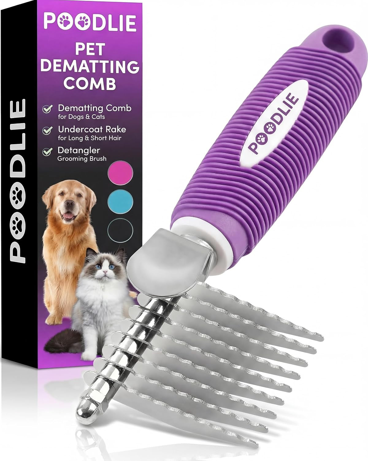 poodle-dematting-fur-rake-comb-brush-for-dogs-and-cats-long-2-5-steel-safety-blades-metal-comb-for-detangling-matted-or-knotted-undercoat-hair