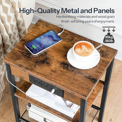 Side Table with Charging Station and USB Port, Small End Table for Small Space, 3-Tier Nightstand with Adjustable Shelf, for Living Room, Bedroom, Rustic Brown BF112BZ017