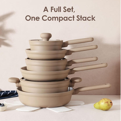 Ceramic Nonstick Pots and Pans Set 17Pcs Taupe | Healthy Nontoxic Ceramic Coating, Compatible with All Stoves Including Induction Cooktops, PFAS PTFE PFOA PFOS Free8