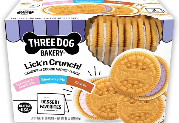 Three Dog Bakery Lick'N Crunch! Dog Treats Variety Pack - 13 Oz - 3 Pack | Carob & Peanut Butter, Golden Vanilla & Vanilla, and Golden Vanilla & Peanut Butter10