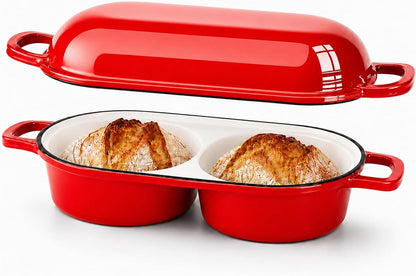 Double Dutch Oven for Sourdough Bread Baking,2.2Qt Enameled Cast Iron Dutch Oven Pot with Lid,500°F Oven Safe Non Stick Bread Loaf Pan,Sourdough Baking Pan for Homemade Baking（Red）1