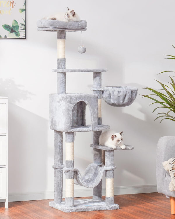 Hey-Brother Cat Tree with Large Hammock, Multi-Level Cat Tower for Indoor Cats, Cat Condo with Sisal-Covered Scratching Posts and Top Perch, Light Gray MPJ050W5