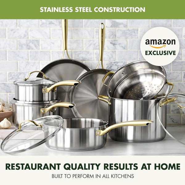 Stainless Steel Cookware Set, 11 Piece, Induction Cookware, Dishwasher Safe, Oven Safe to 600F, Large 8QT Stock Pot, Sauce, Saute, Frying Pans, Pots & Pans Kitchen Essentials, Gold2