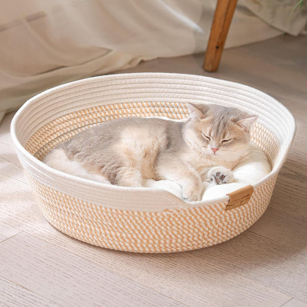 CHEERHOME PETS Cat Bed Basket with Cushion, Cotton Rope Woven Pet Bed for Indoor Cats Couch, Stimulicat Cat Bed Handwoven Breathable, All Season Universal (White)1
